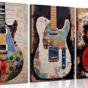 3Pcs Graffiti Guitar Canvas Wall Art Musical Themed Wall Decor Colorful Music Instrument Posters Pictures Studio Prints Vintage Rock Paintings Framed